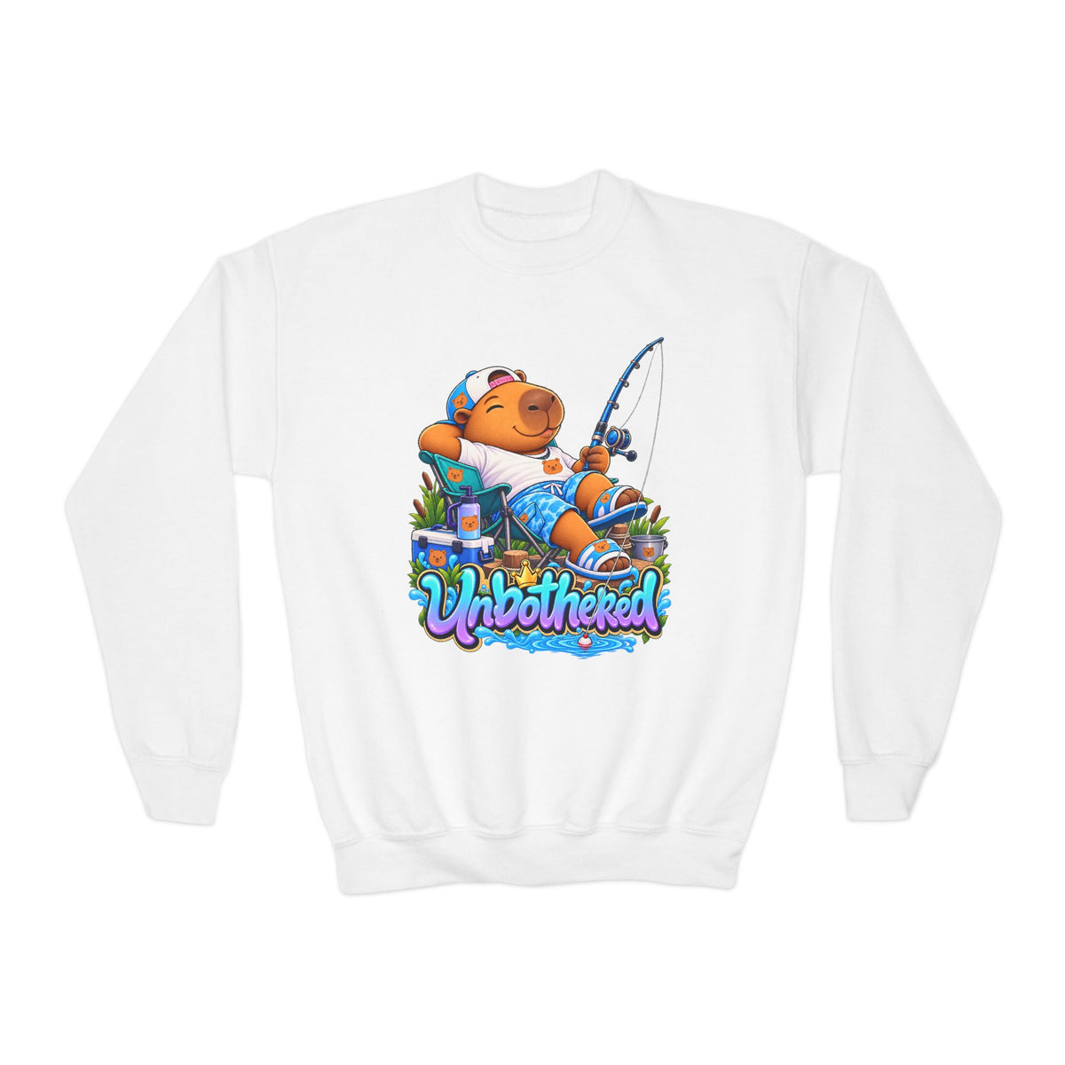 Youth Unbothered Fishing Capybara Crewneck Sweatshirt — "Whoothered" Cute Kids Fishing Graphic
