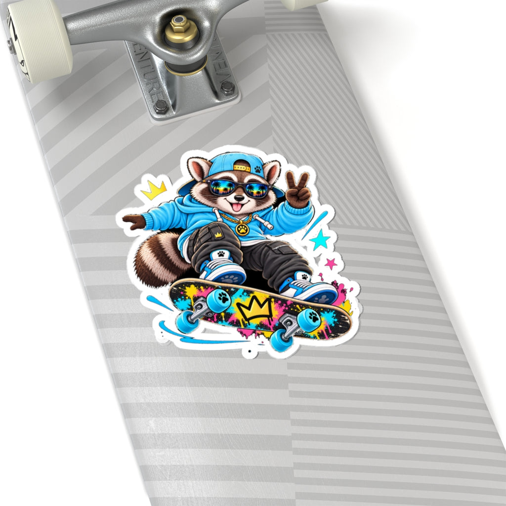Skateboard Raccoon Kiss-Cut Sticker — Cool Cartoon Laptop Decal
