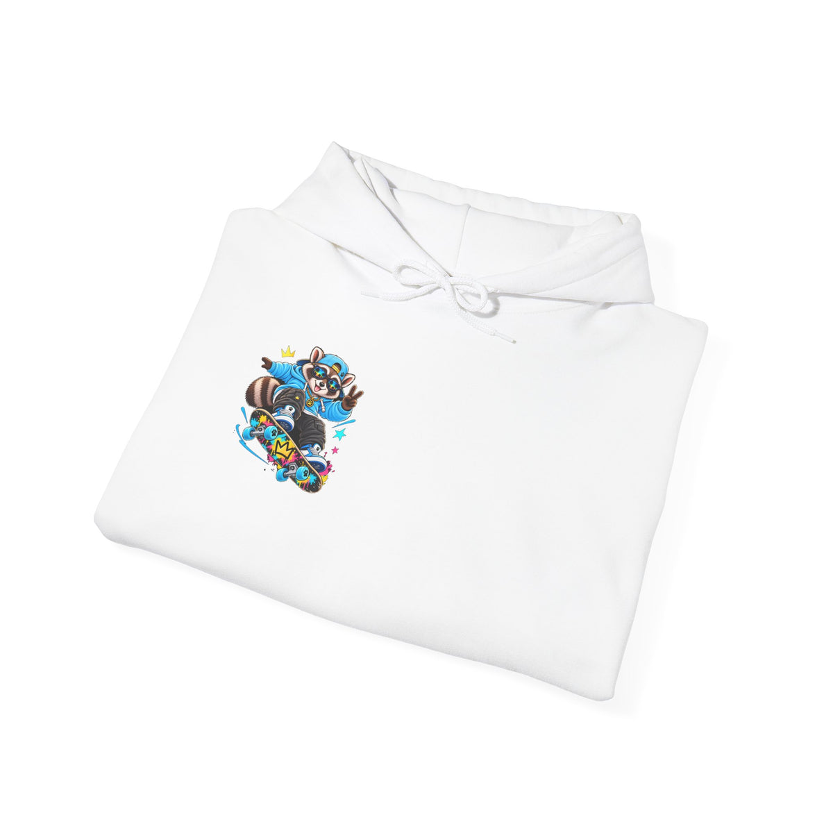 Skateboard Raccoon- Patch Hoodie — Colorful Marine Life Graphic