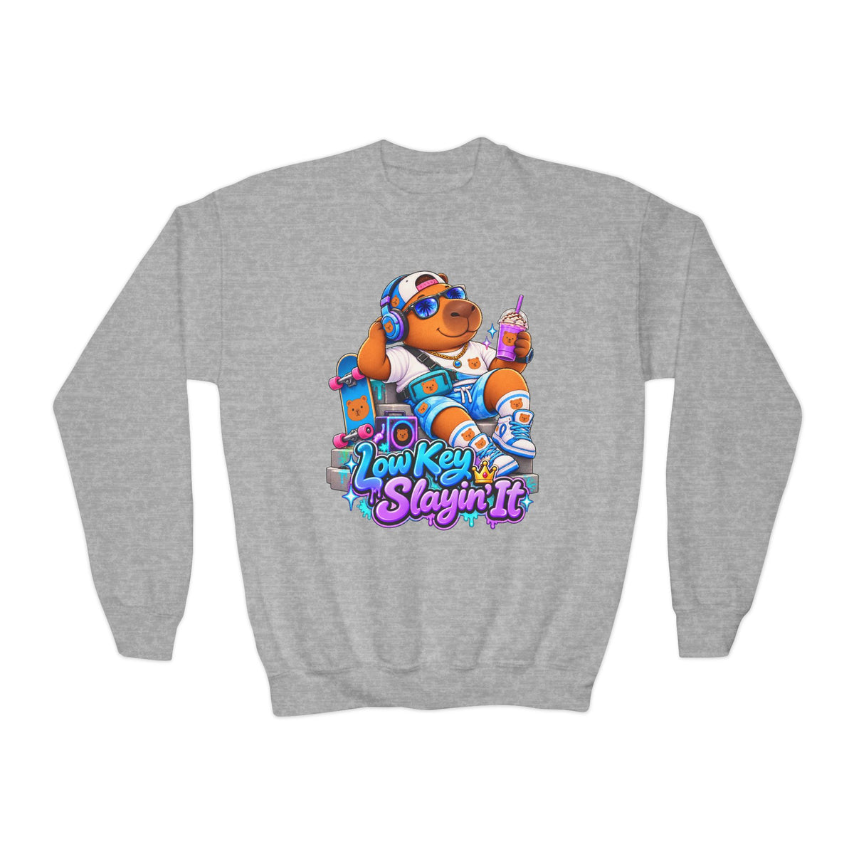 Youth Crewneck Sweatshirt — 'Low Key Slayin' It' Chill Capybara Lounge Pullover