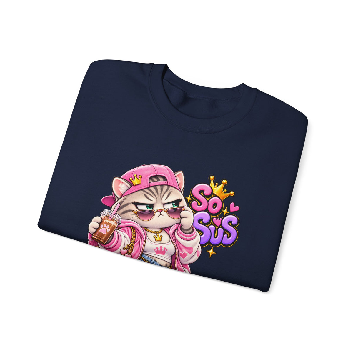 Cute Streetwear Cat Crewneck Sweatshirt — "So Sus" Graphic