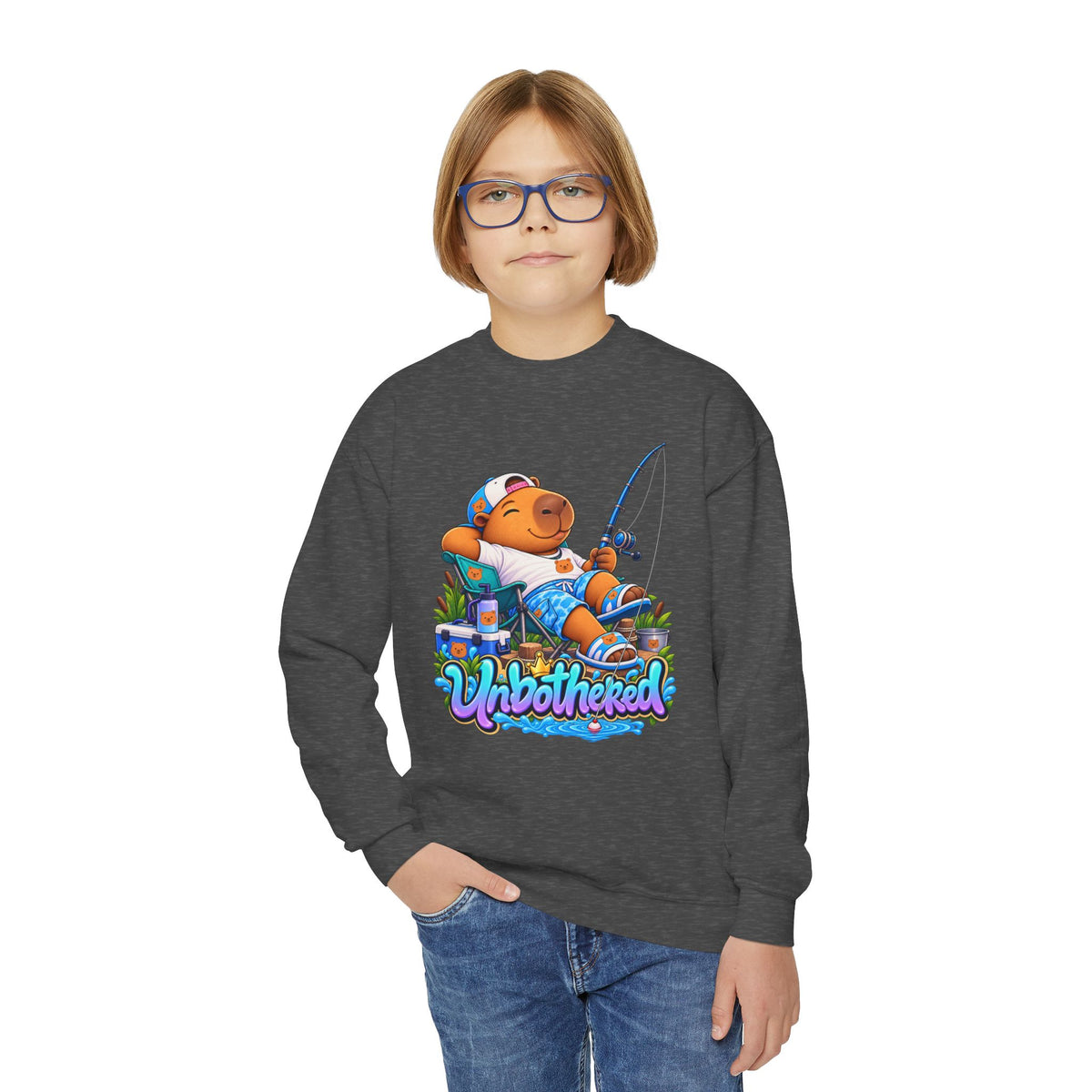 Youth Unbothered Fishing Capybara Crewneck Sweatshirt — "Whoothered" Cute Kids Fishing Graphic