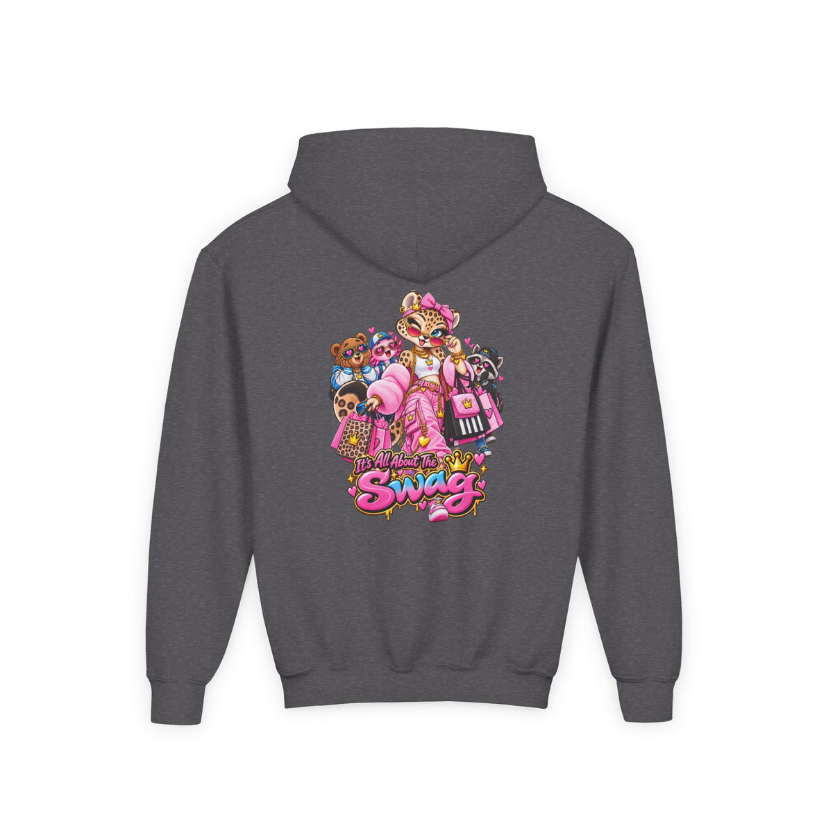Youth Hoodie — Pink 'Swag' Cartoon Animal Squad Graphic