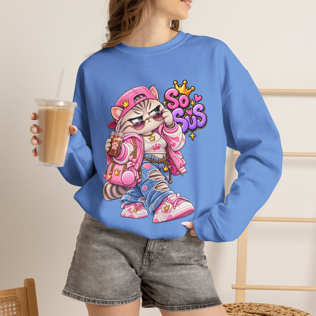 Cute Streetwear Cat Crewneck Sweatshirt — "So Sus" Graphic