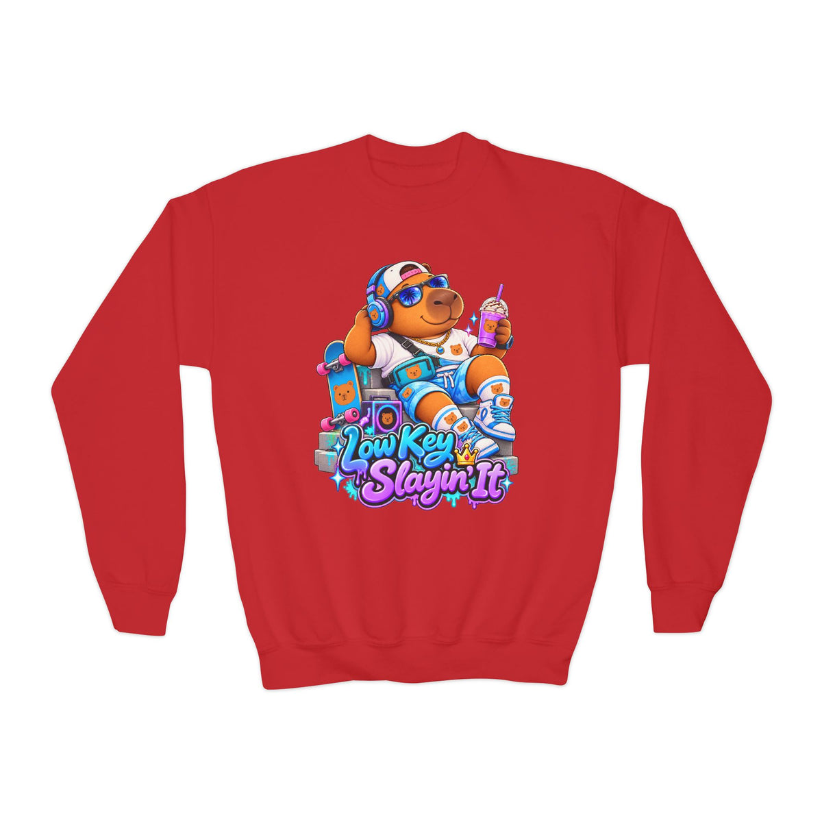Youth Crewneck Sweatshirt — 'Low Key Slayin' It' Chill Capybara Lounge Pullover