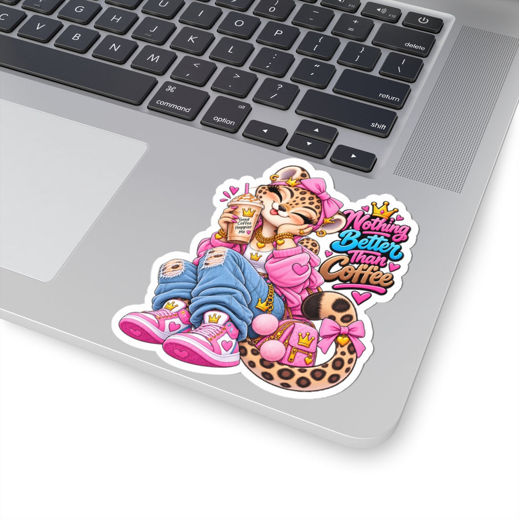 Sticker — 'Nothing Better Than Coffee' Cozy Leopard-Print Coffee Sticker