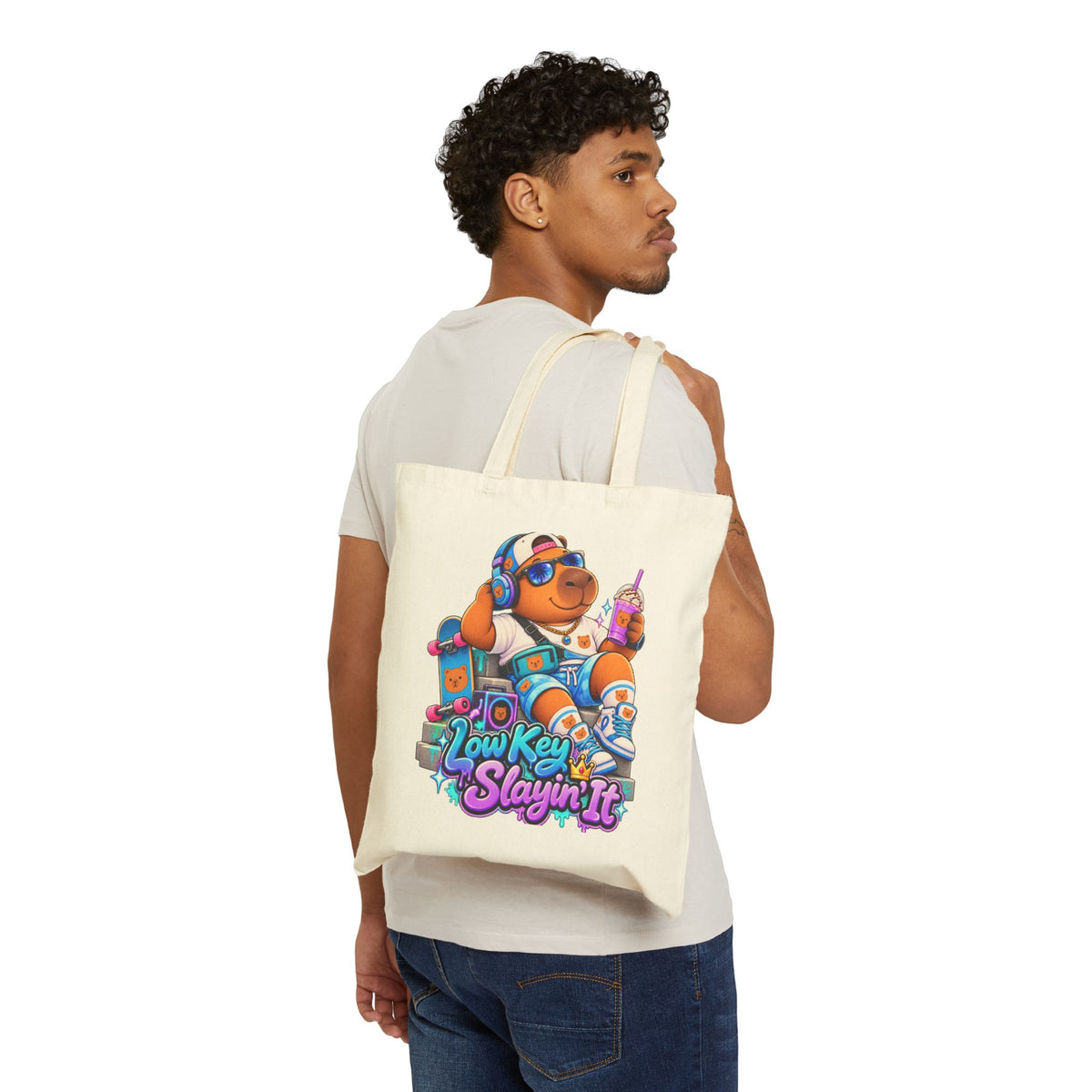 Tote Bag - 'Low Key Slayin' It' Chill Capybara Graphic Canvas Tote
