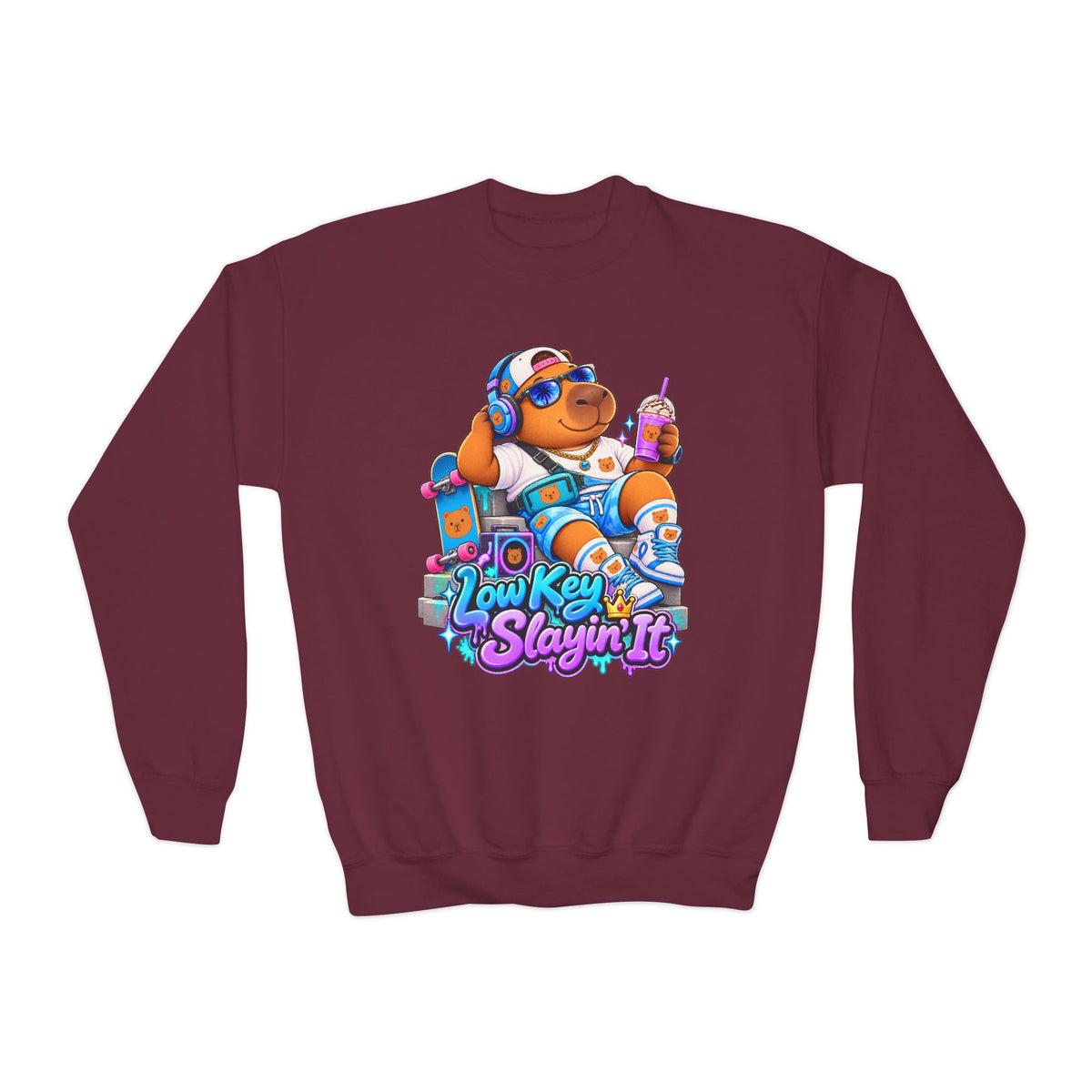 Youth Crewneck Sweatshirt — 'Low Key Slayin' It' Chill Capybara Lounge Pullover