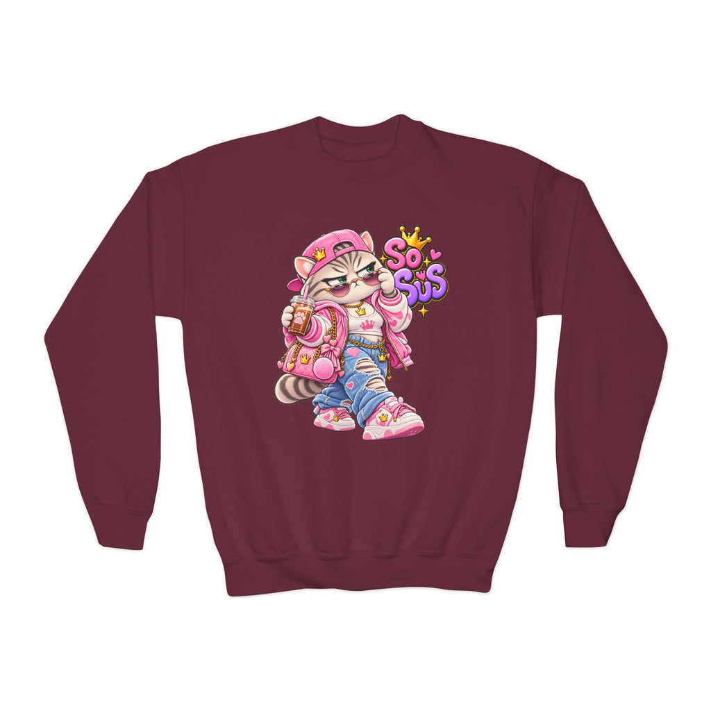 Youth Crewneck Sweatshirt — Cute Cat 'So Sus' Streetwear Graphic