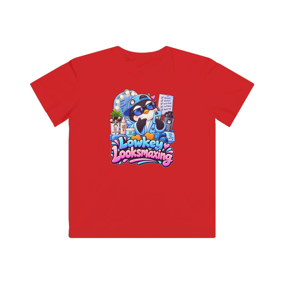 Kids Tee — "Lowkey Looksmaxing" Cute Cartoon Penguin Graphic