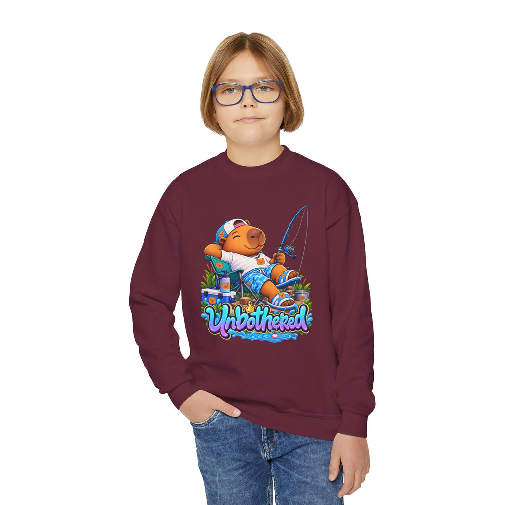 Youth Unbothered Fishing Capybara Crewneck Sweatshirt — "Whoothered" Cute Kids Fishing Graphic