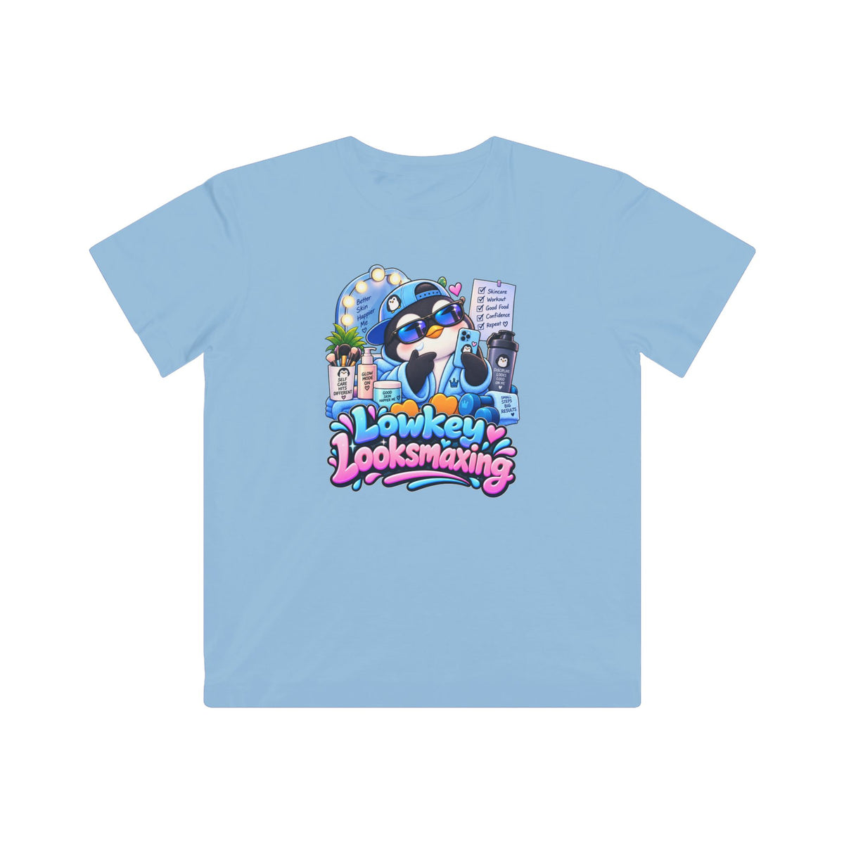 Kids Tee — "Lowkey Looksmaxing" Cute Cartoon Penguin Graphic