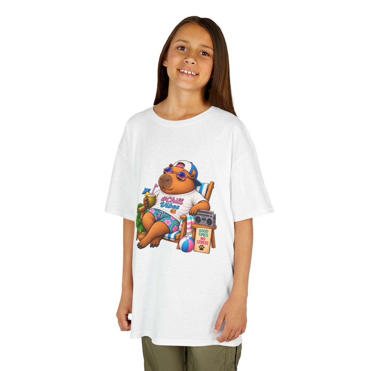 Kids Beach Chill Vibes Capybara Graphic Tee — Relaxing Vacation Cartoon Kid Shirt