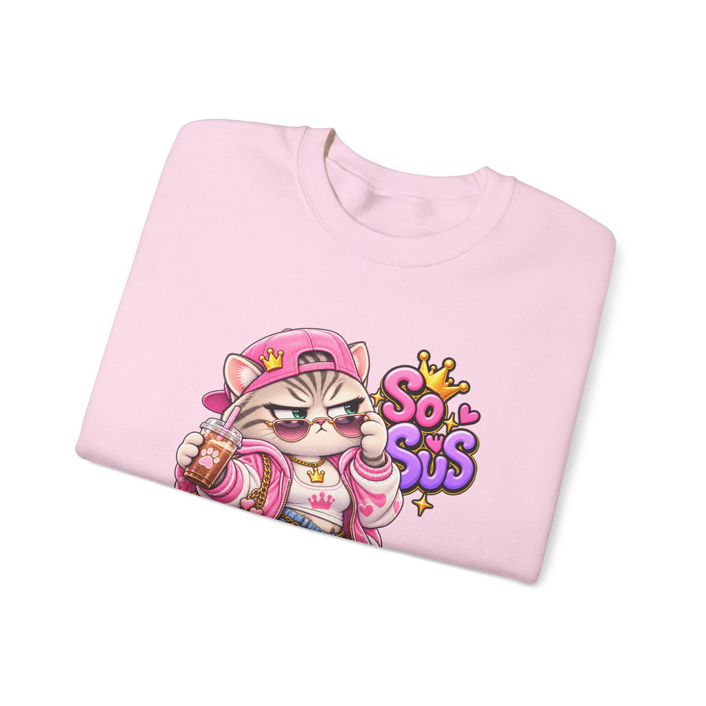 Cute Streetwear Cat Crewneck Sweatshirt — "So Sus" Graphic