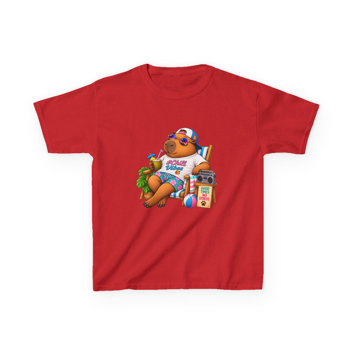 Kids Beach Chill Vibes Capybara Graphic Tee — Relaxing Vacation Cartoon Kid Shirt
