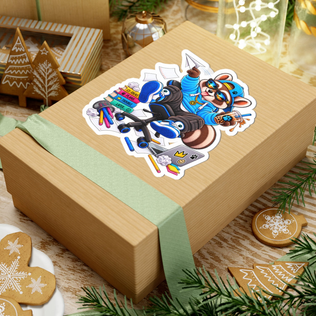 Cool Raccoon Sticker — Skate Office Gamer with Boba & Laptop