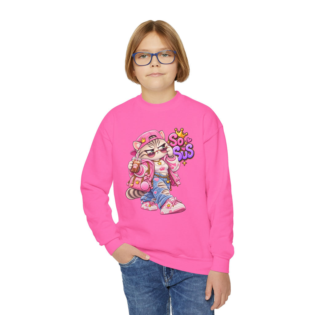 Youth Crewneck Sweatshirt — Cute Cat 'So Sus' Streetwear Graphic