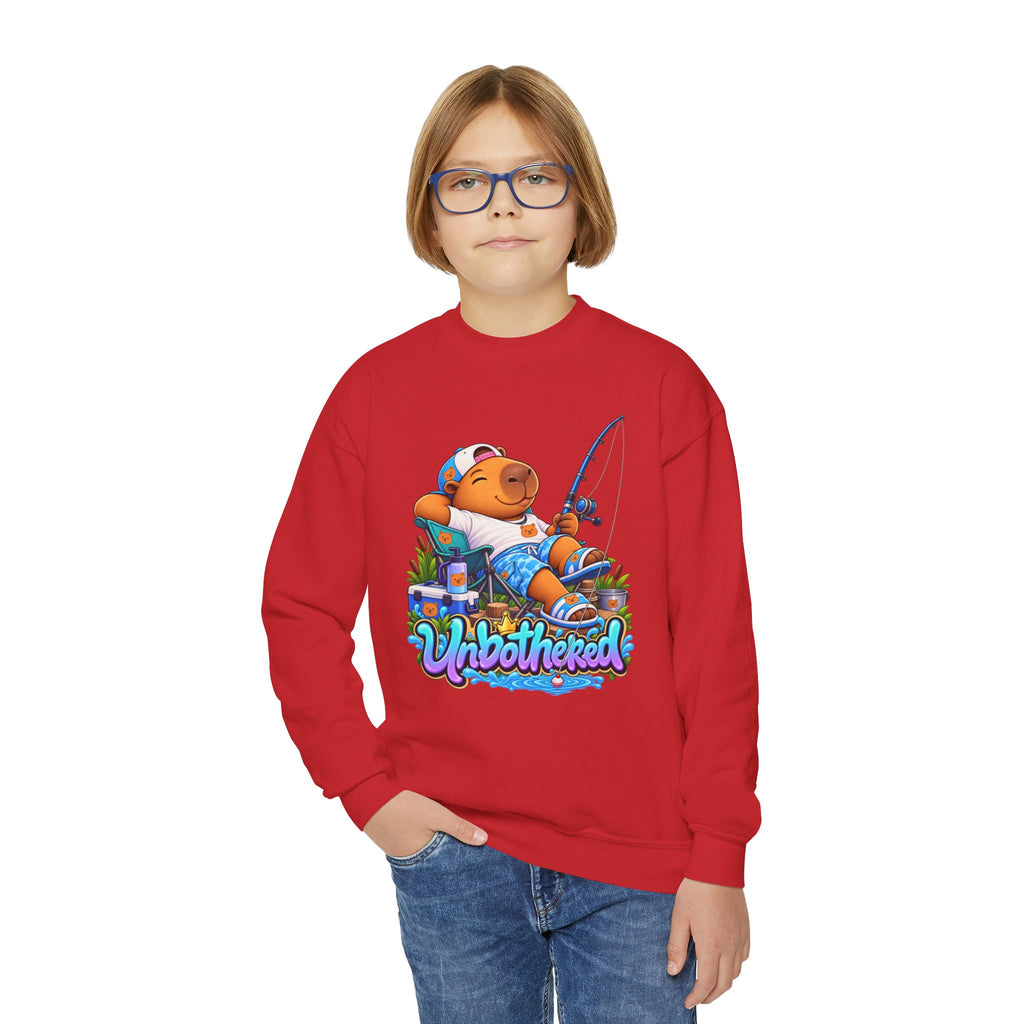 Youth Unbothered Fishing Capybara Crewneck Sweatshirt — "Whoothered" Cute Kids Fishing Graphic