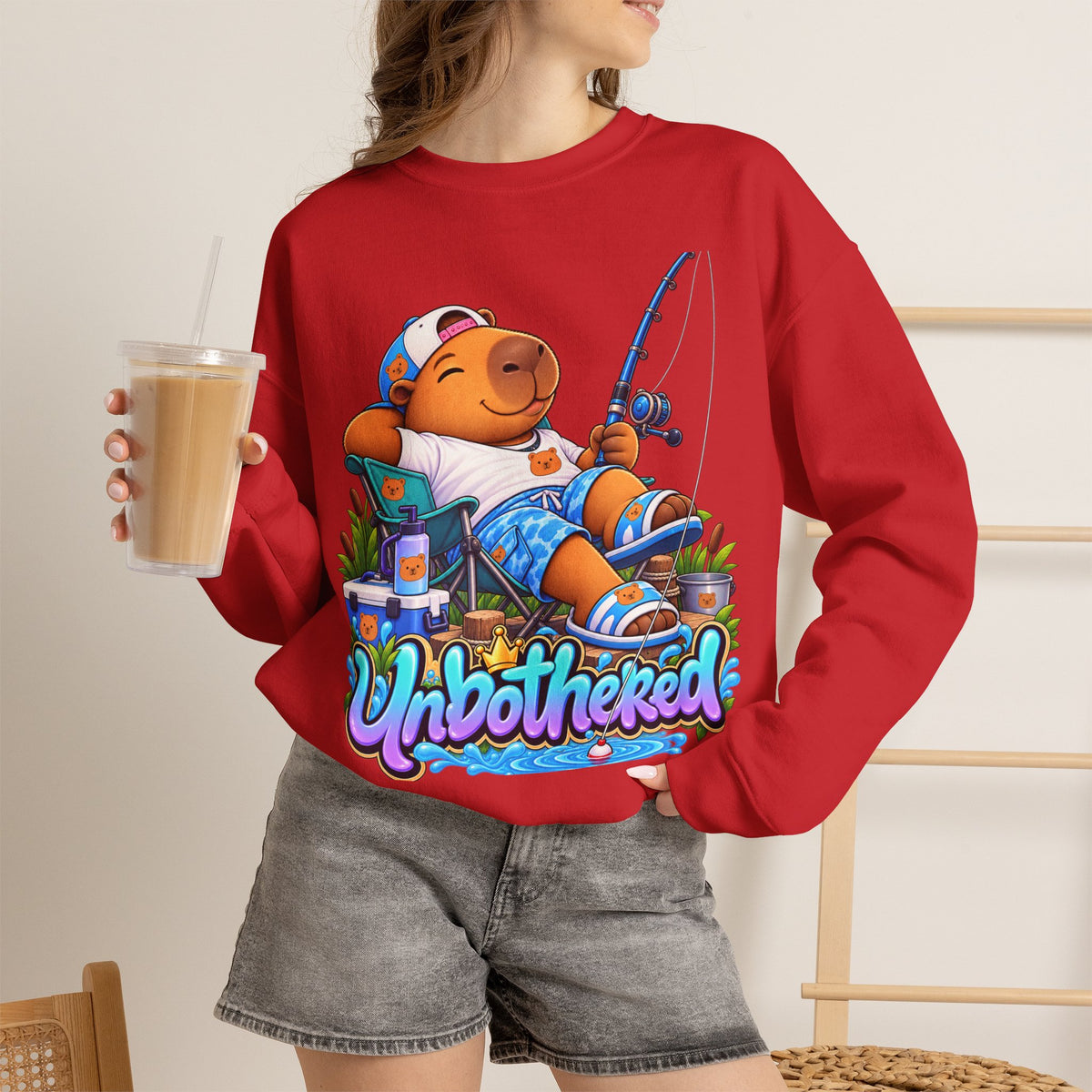 Unbothered Fishing Capybara Crewneck Sweatshirt