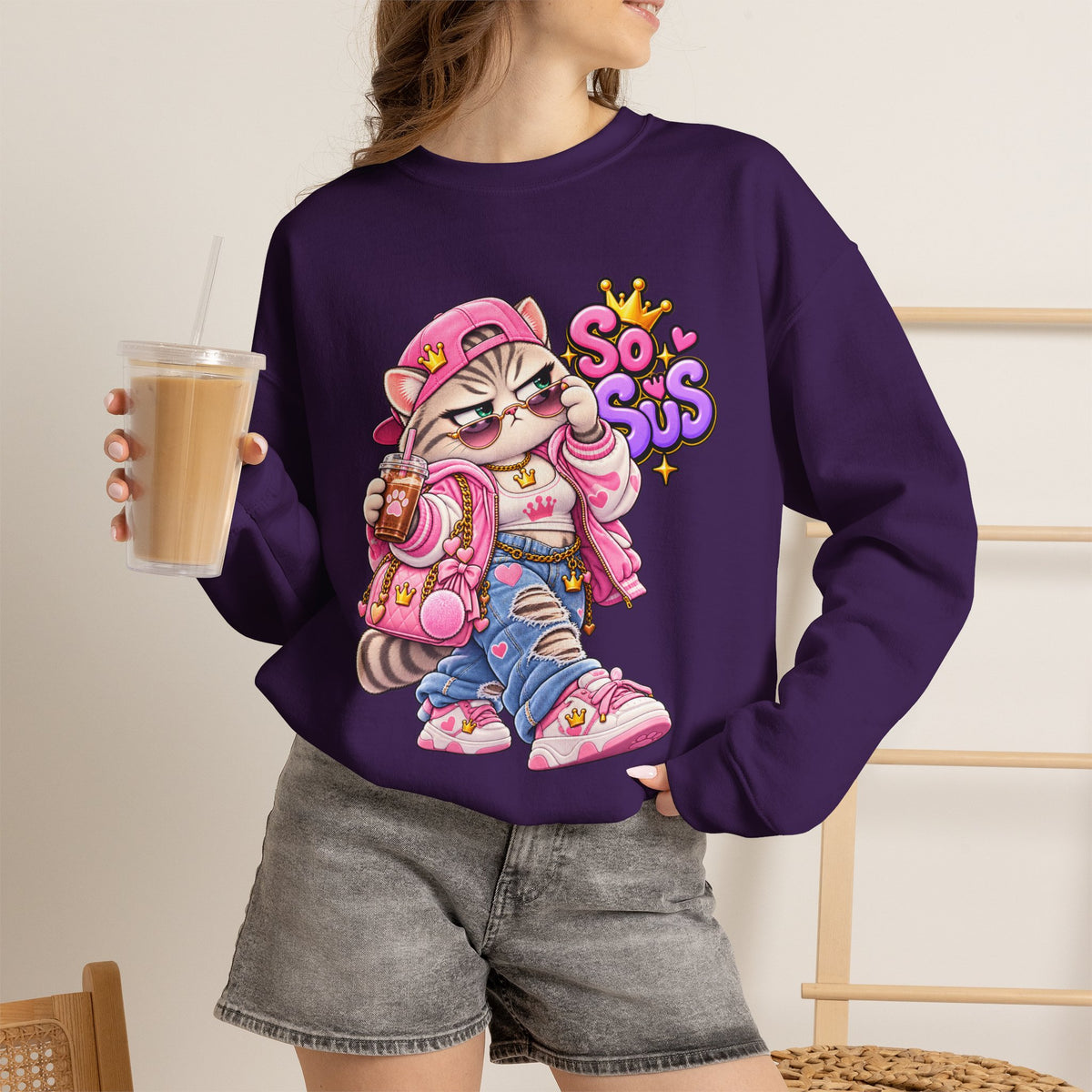 Cute Streetwear Cat Crewneck Sweatshirt — "So Sus" Graphic