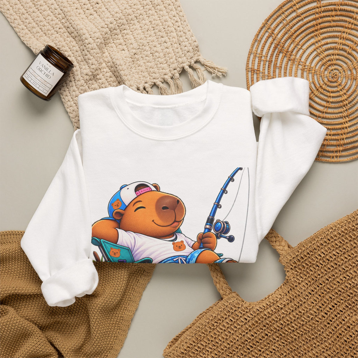 Unbothered Fishing Capybara Crewneck Sweatshirt