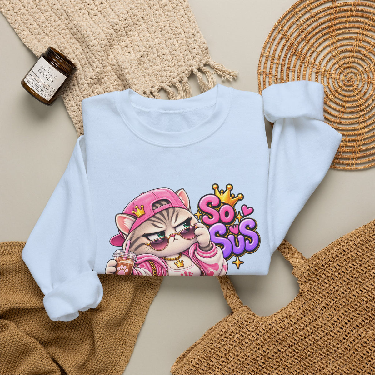 Cute Streetwear Cat Crewneck Sweatshirt — "So Sus" Graphic