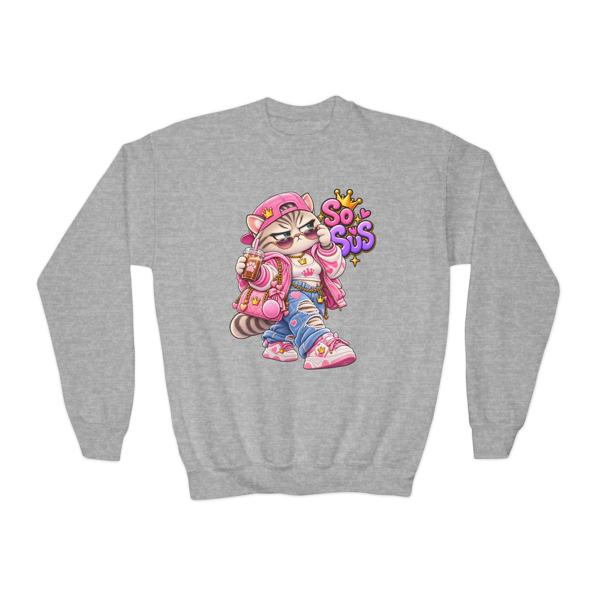 Youth Crewneck Sweatshirt — Cute Cat 'So Sus' Streetwear Graphic