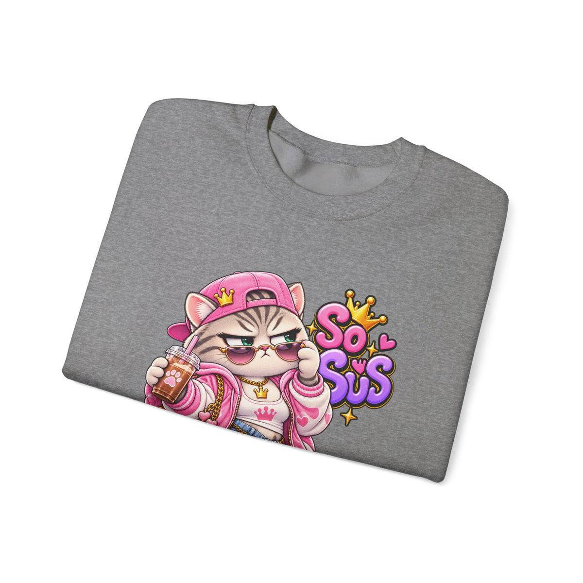 Cute Streetwear Cat Crewneck Sweatshirt — "So Sus" Graphic