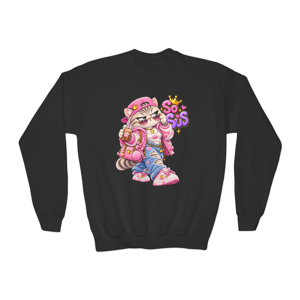 Youth Crewneck Sweatshirt — Cute Cat 'So Sus' Streetwear Graphic