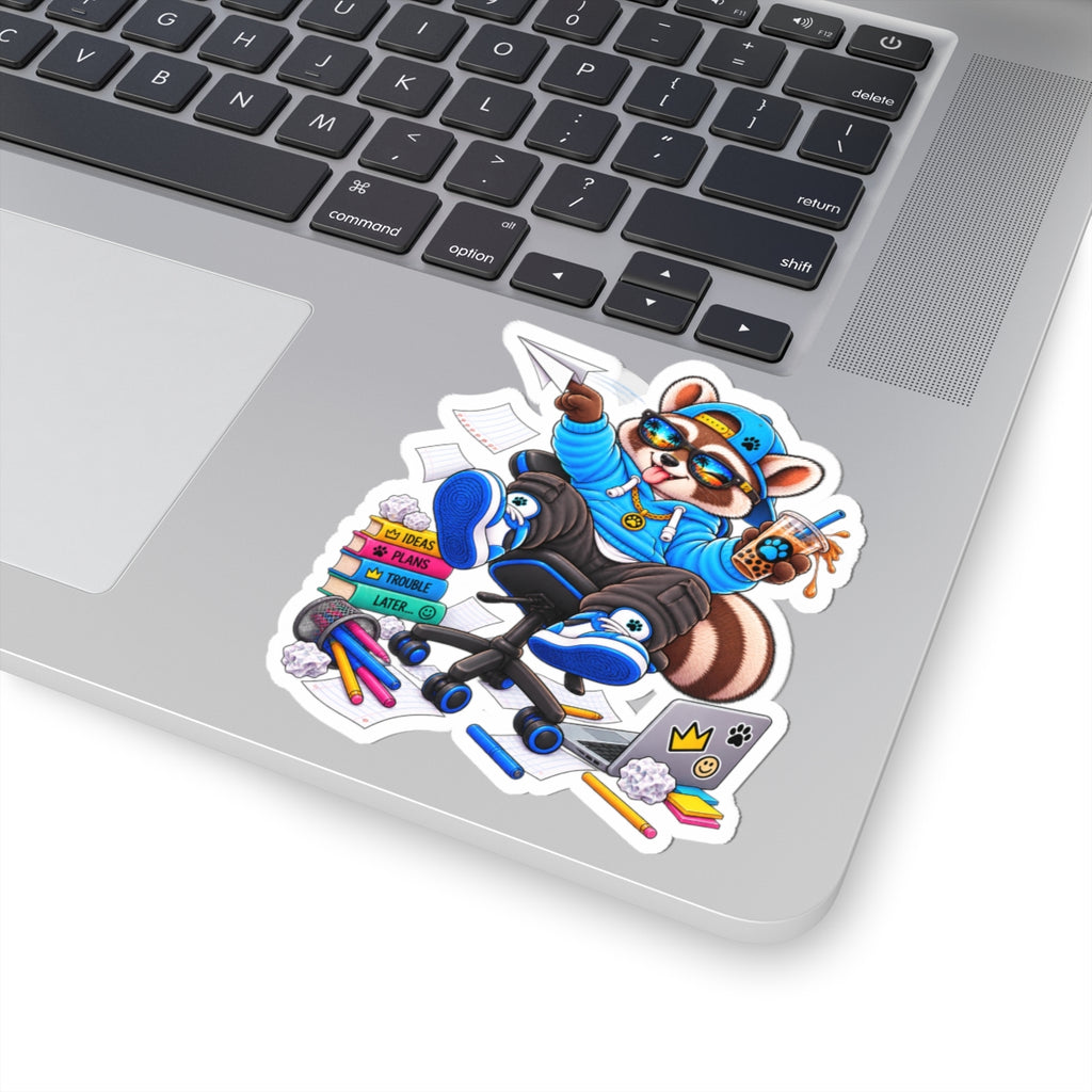 Cool Raccoon Sticker — Skate Office Gamer with Boba & Laptop