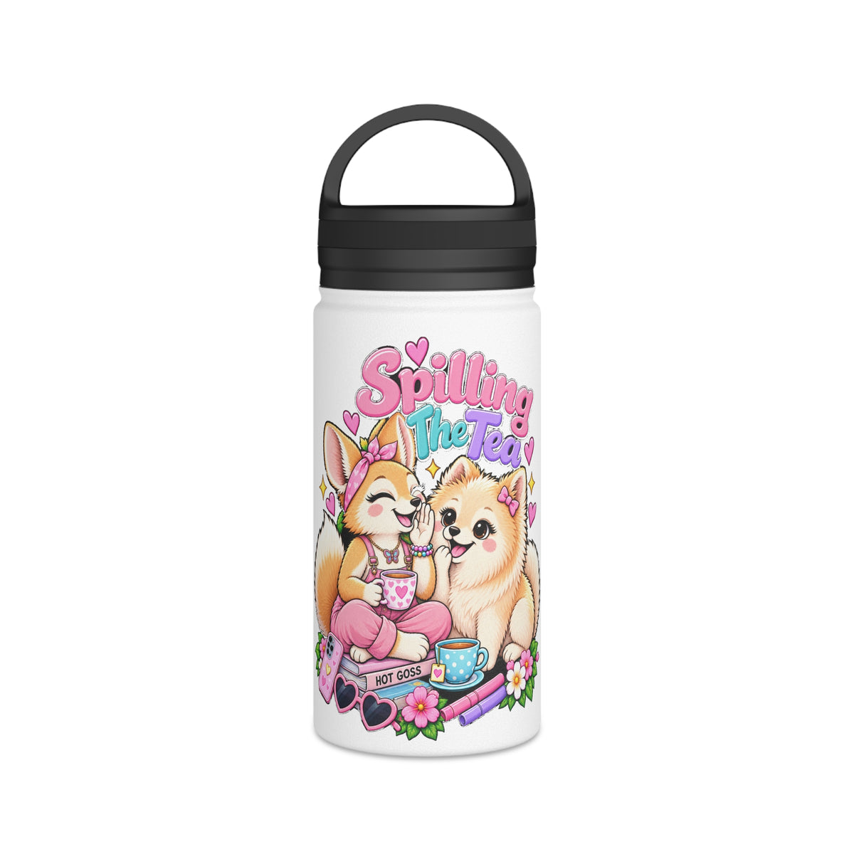 Spilling the Tea Water Bottle — Cute Corgi & Pomeranian Insulated Stainless Steel Bottle with Handle Lid