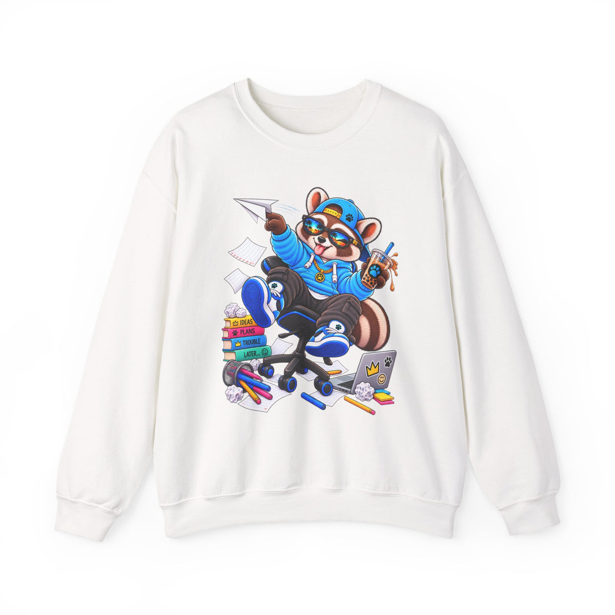 Mischievous Raccoon Crewneck Sweatshirt — Cute Kawaii Cartoon Graphic