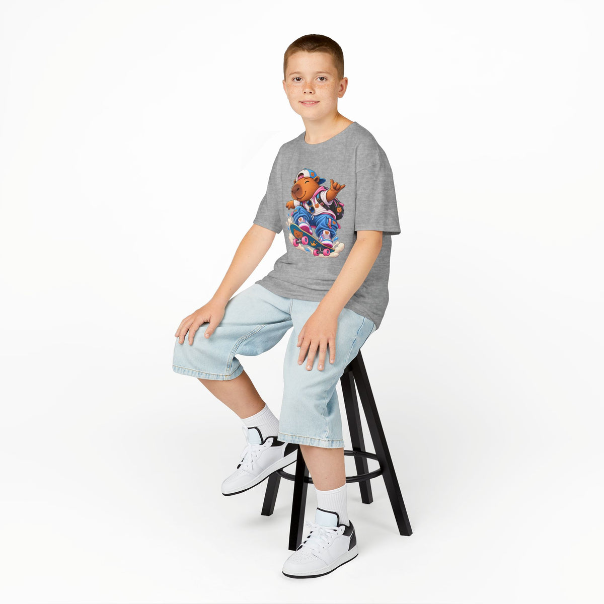 Kids Skateboarding Capybara Tee — Cute Skateboarder Graphic T-Shirt for Boys & Girls