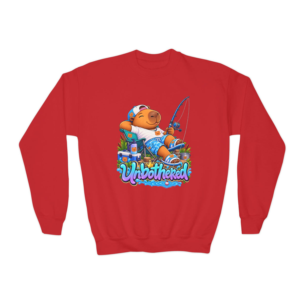 Youth Unbothered Fishing Capybara Crewneck Sweatshirt — "Whoothered" Cute Kids Fishing Graphic