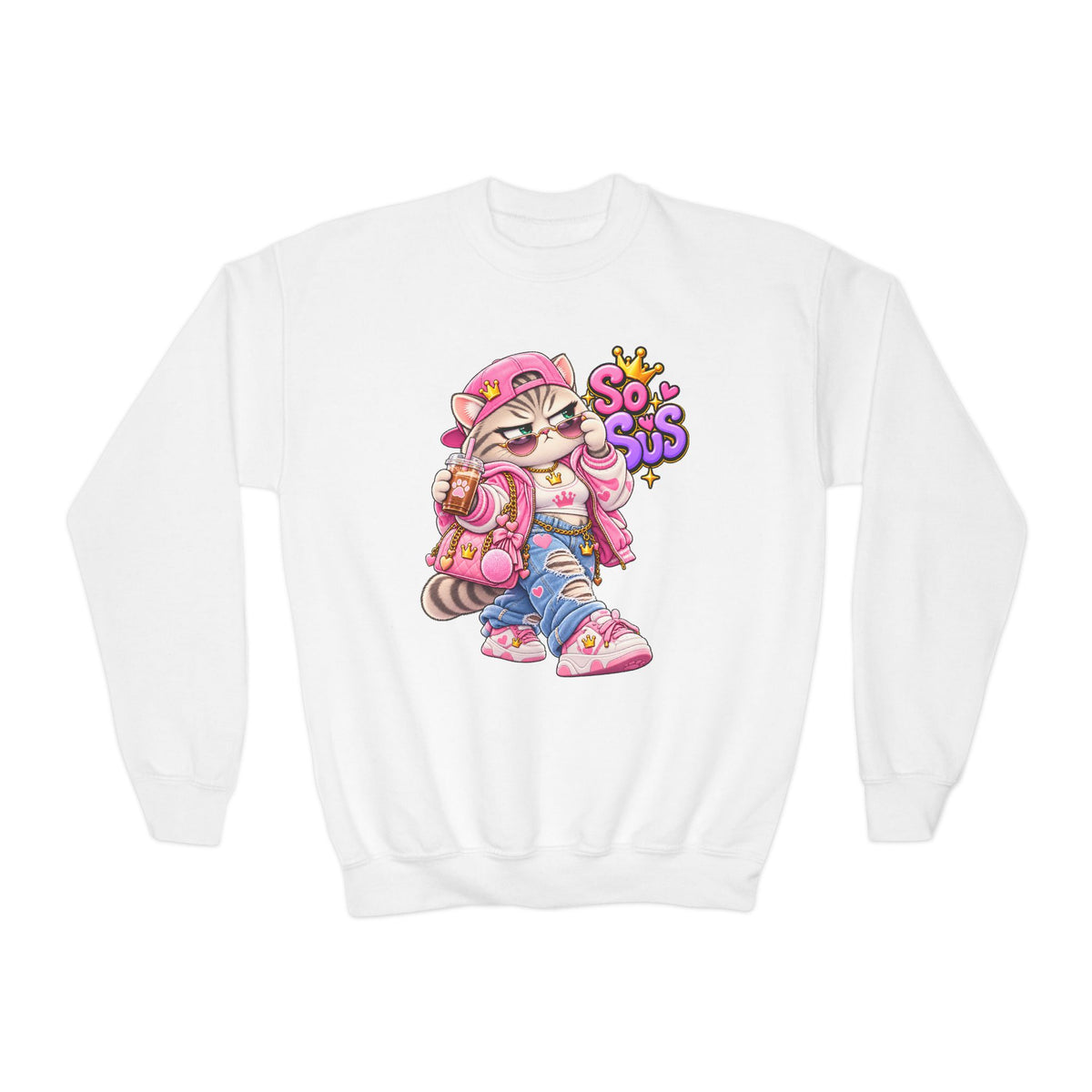 Youth Crewneck Sweatshirt — Cute Cat 'So Sus' Streetwear Graphic