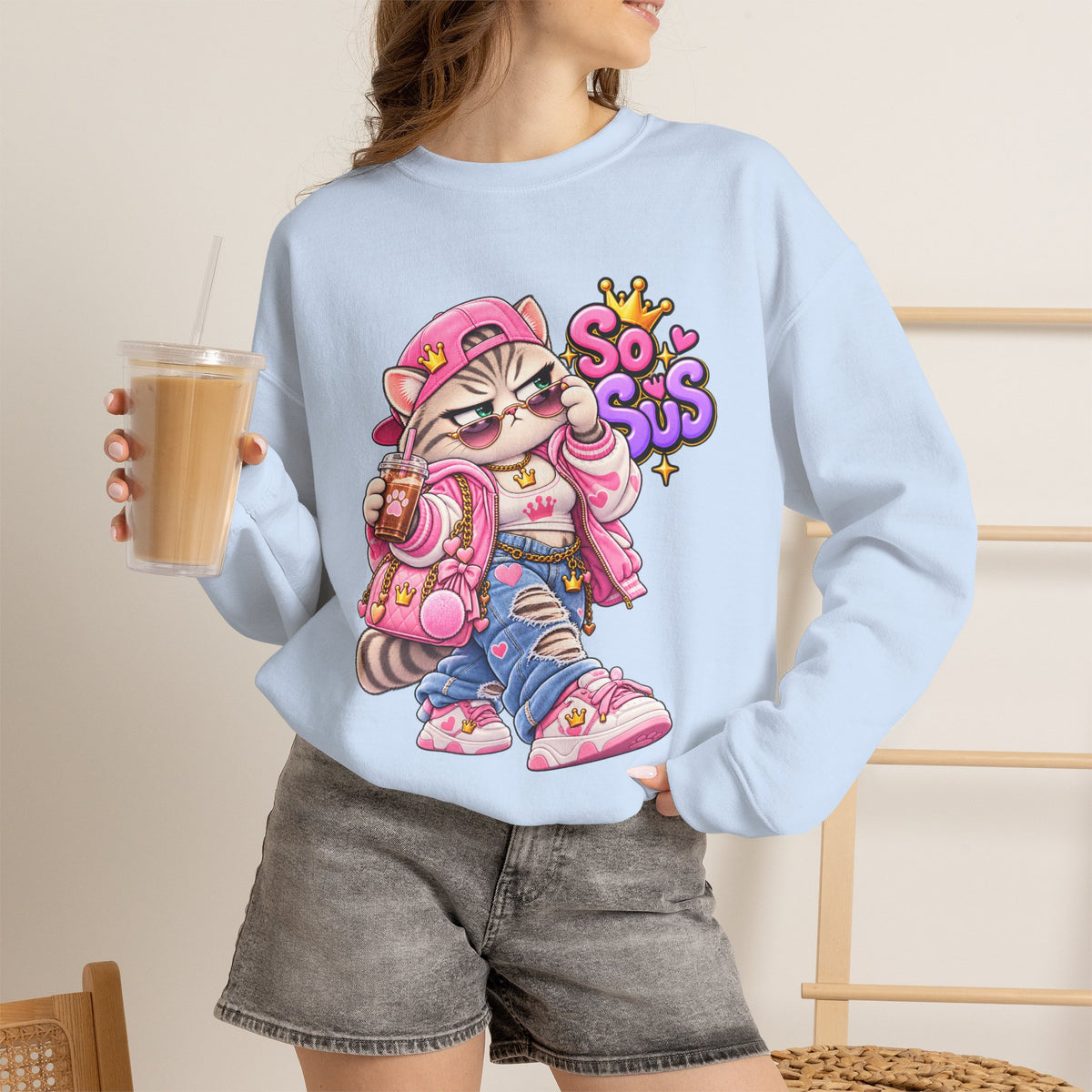 Cute Streetwear Cat Crewneck Sweatshirt — "So Sus" Graphic