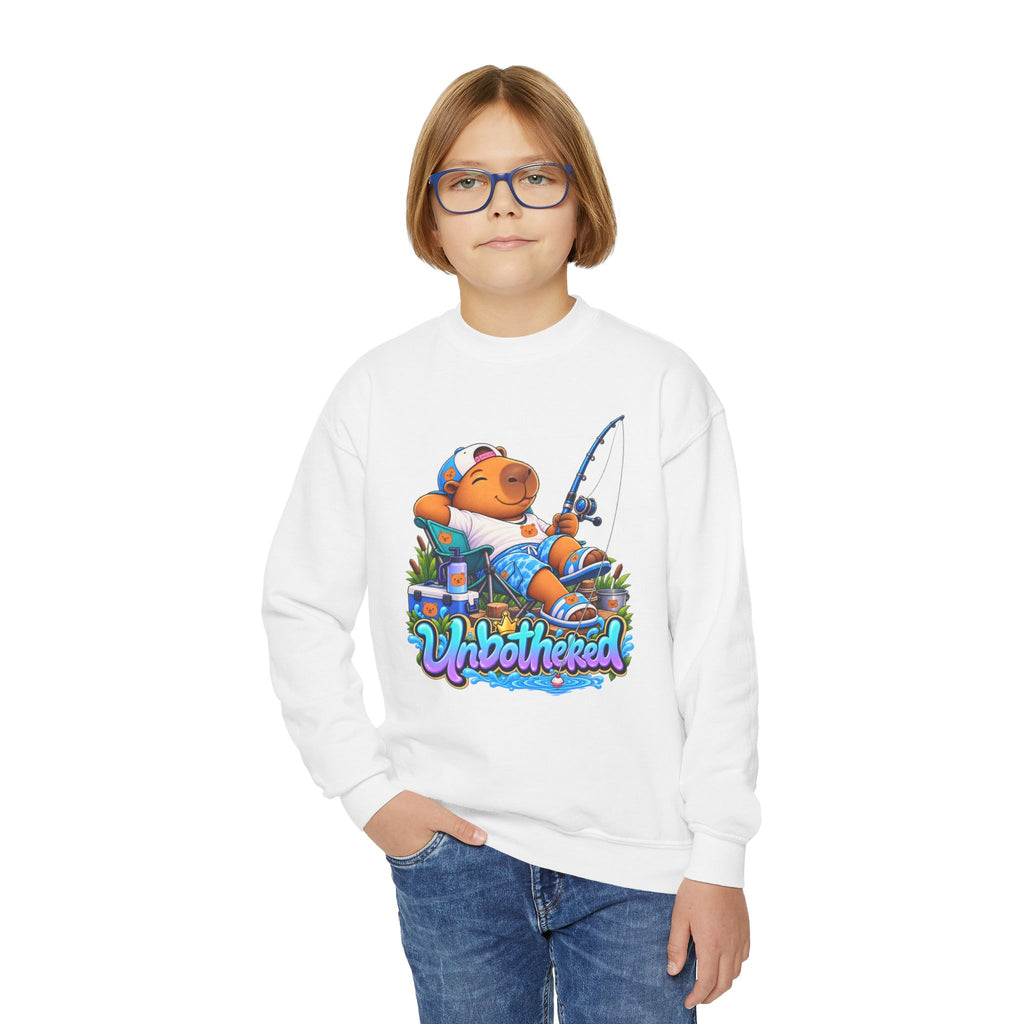 Youth Unbothered Fishing Capybara Crewneck Sweatshirt — "Whoothered" Cute Kids Fishing Graphic