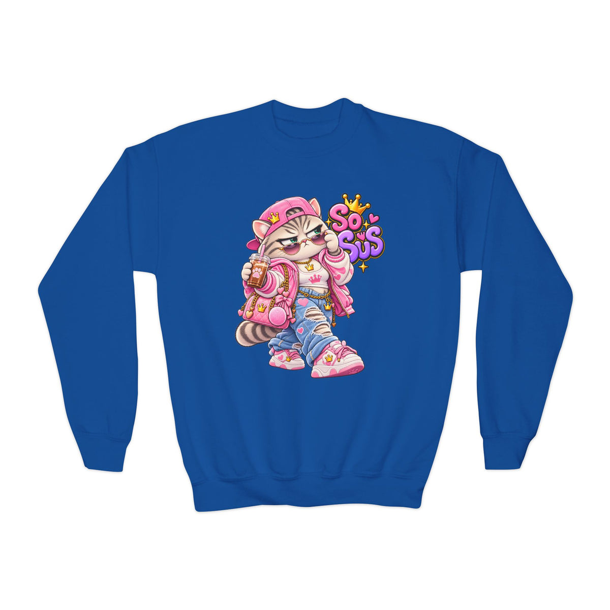 Youth Crewneck Sweatshirt — Cute Cat 'So Sus' Streetwear Graphic