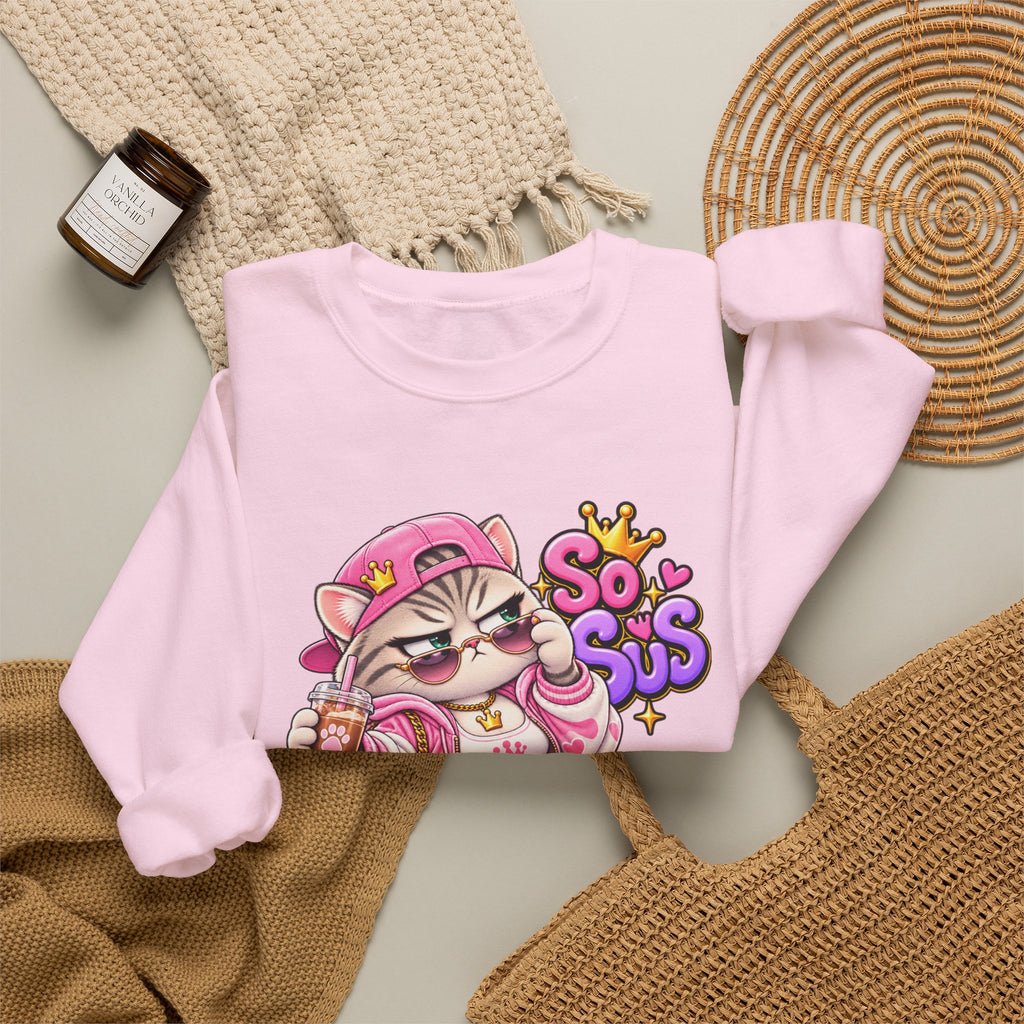 Cute Streetwear Cat Crewneck Sweatshirt — "So Sus" Graphic