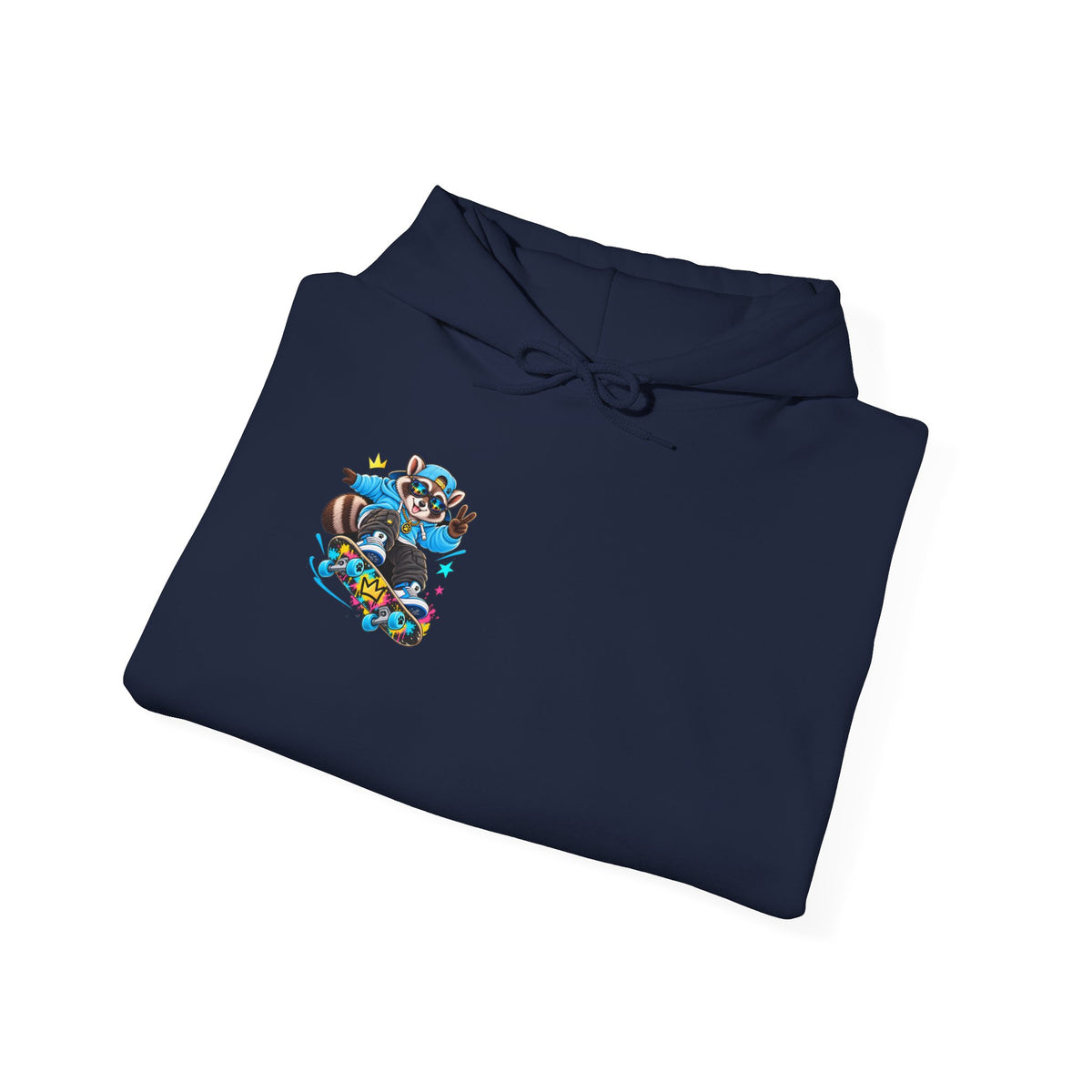 Skateboard Raccoon- Patch Hoodie — Colorful Marine Life Graphic
