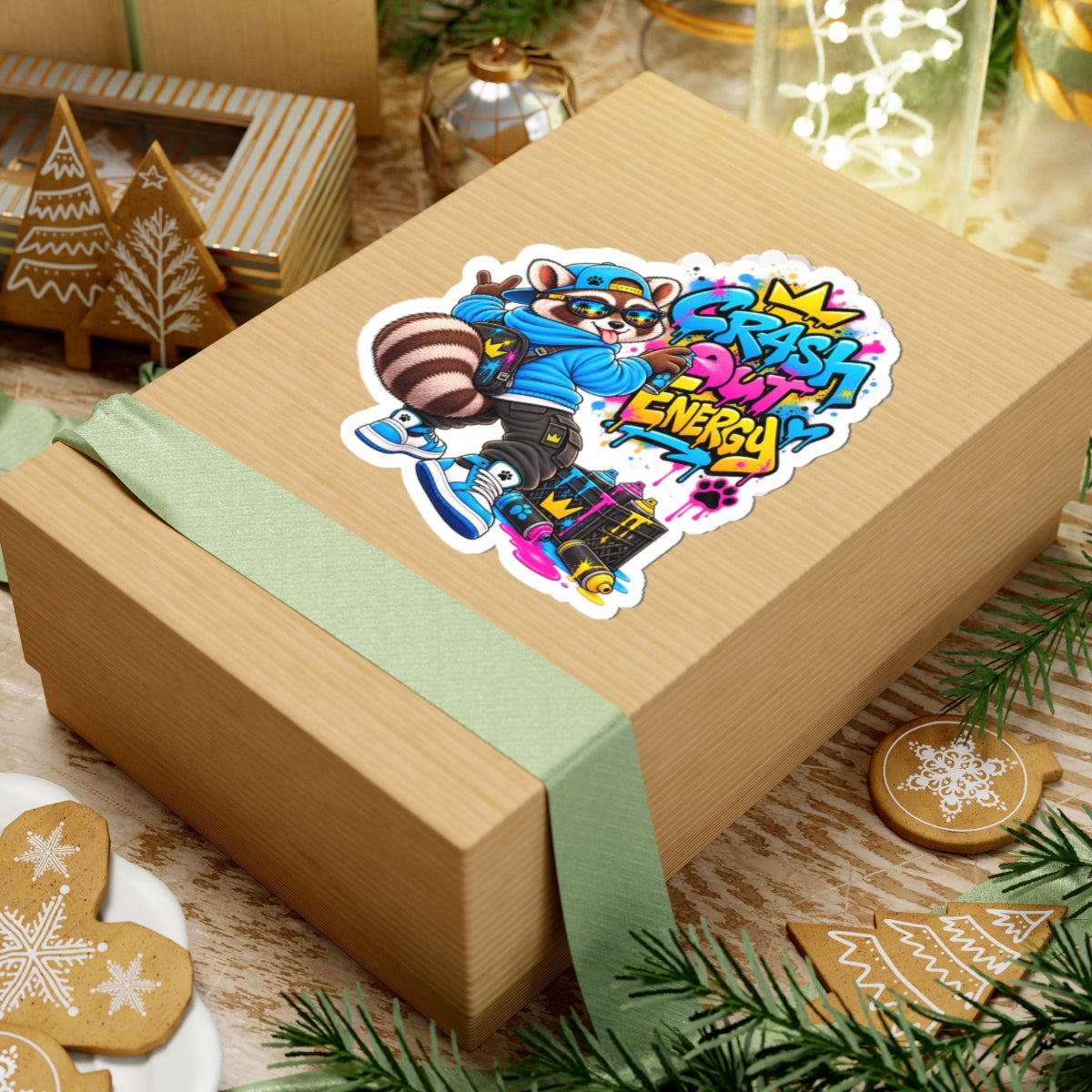 Raccoon Graffiti Sticker — "Crash Out Energy" Kiss-Cut Vinyl Sticker