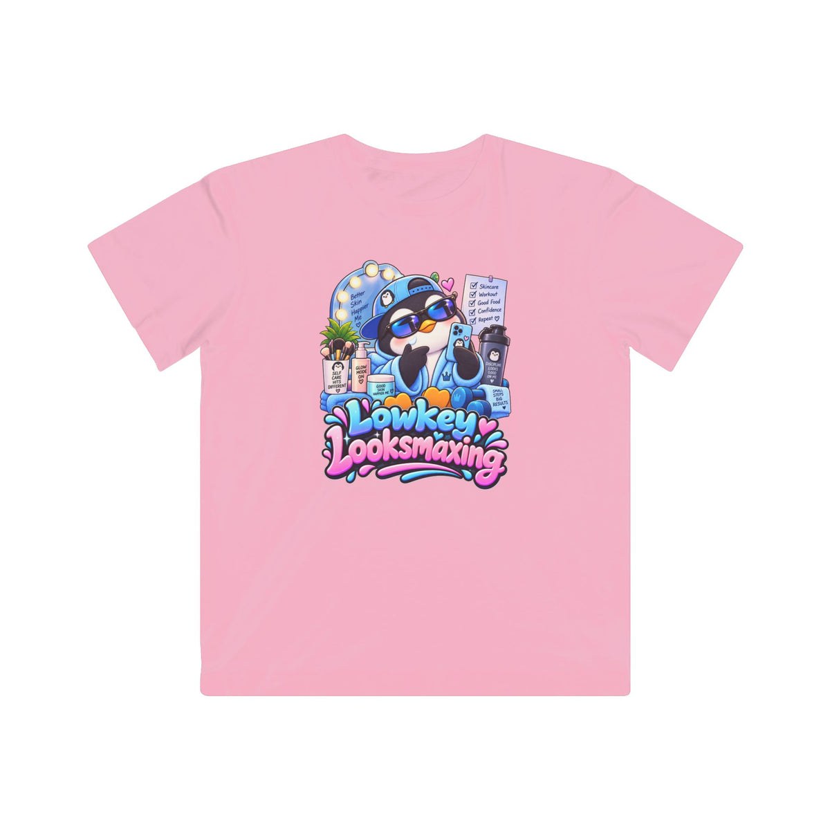 Kids Tee — "Lowkey Looksmaxing" Cute Cartoon Penguin Graphic