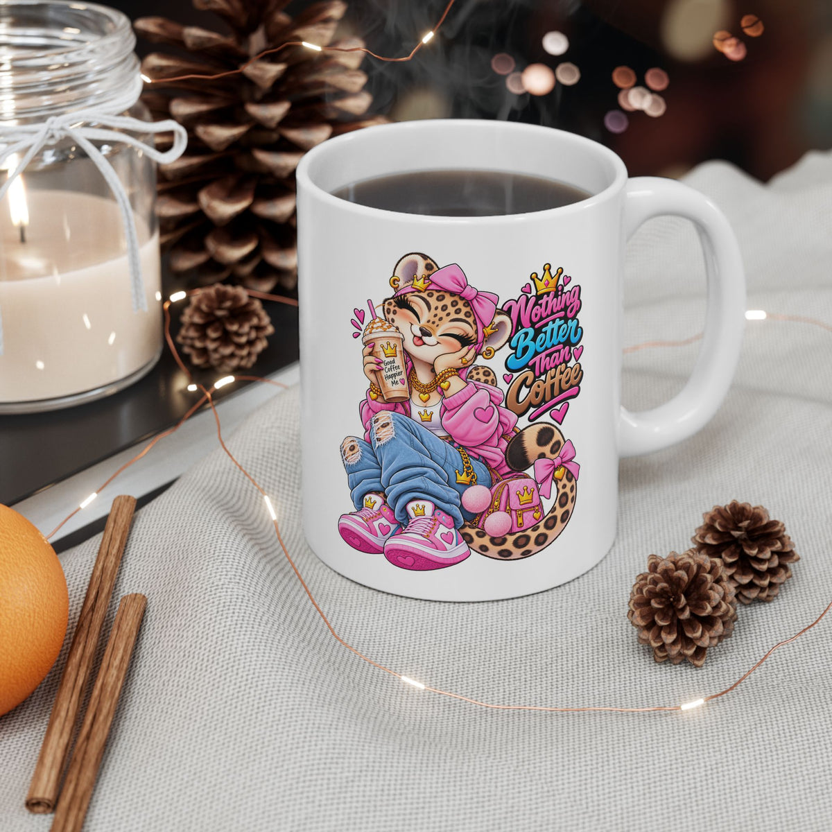 Cute Leopard Coffee Mug — Colorful Retro Girl Illustration (11oz/15oz)