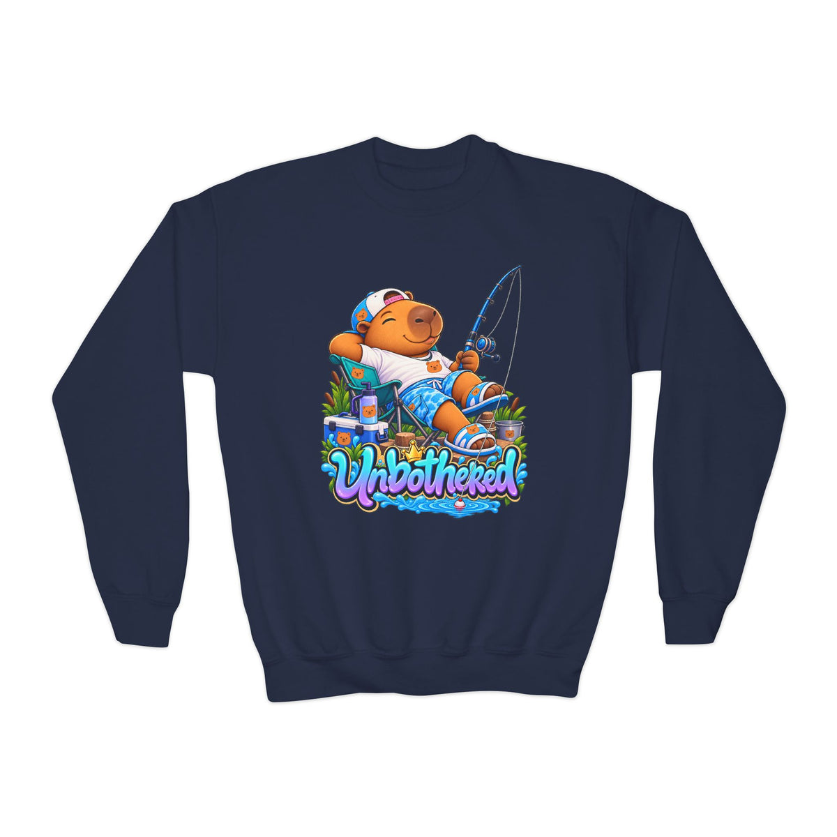 Youth Unbothered Fishing Capybara Crewneck Sweatshirt — "Whoothered" Cute Kids Fishing Graphic