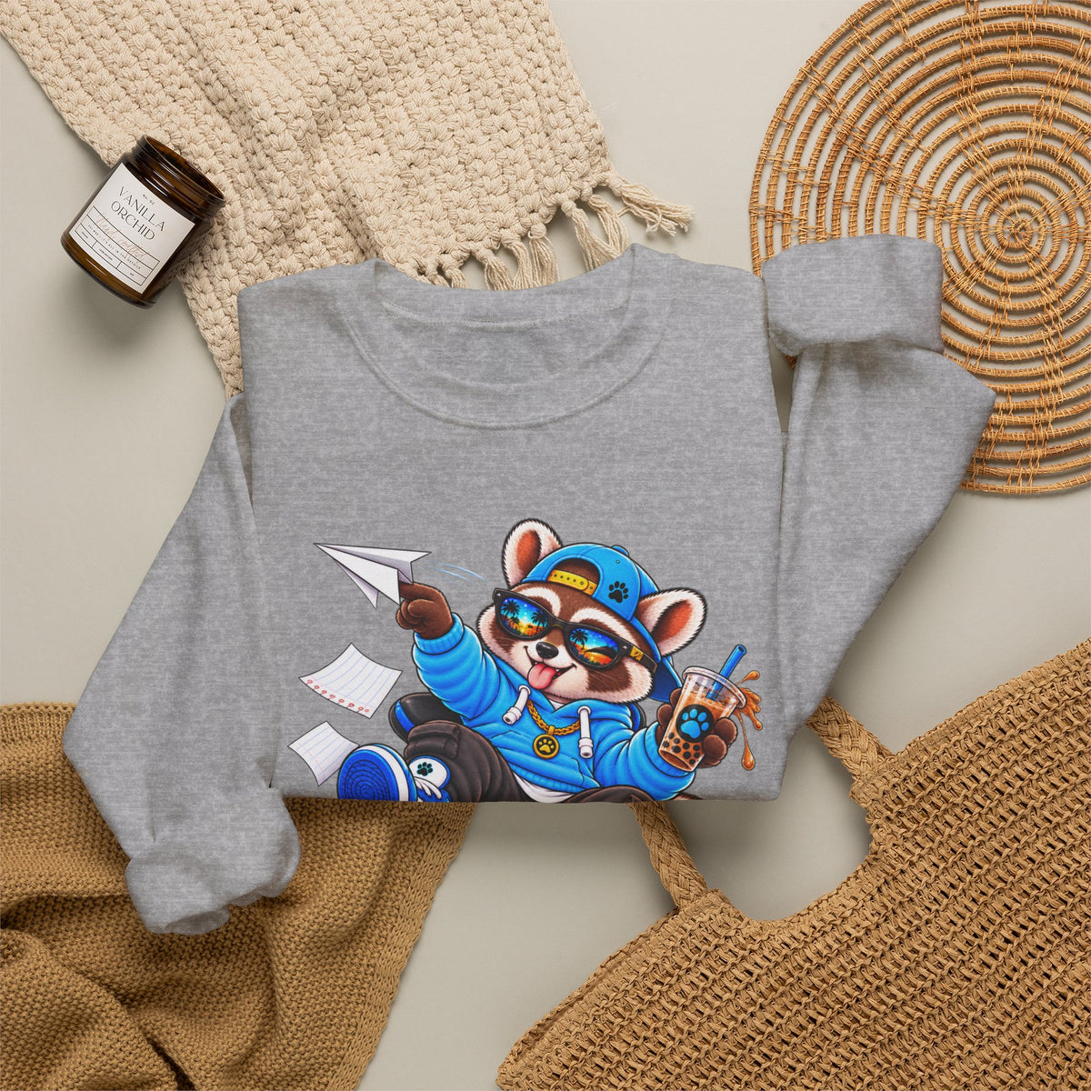 Mischievous Raccoon Crewneck Sweatshirt — Cute Kawaii Cartoon Graphic