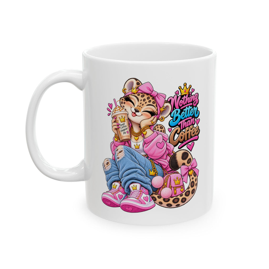 Cute Leopard Coffee Mug — Colorful Retro Girl Illustration (11oz/15oz)