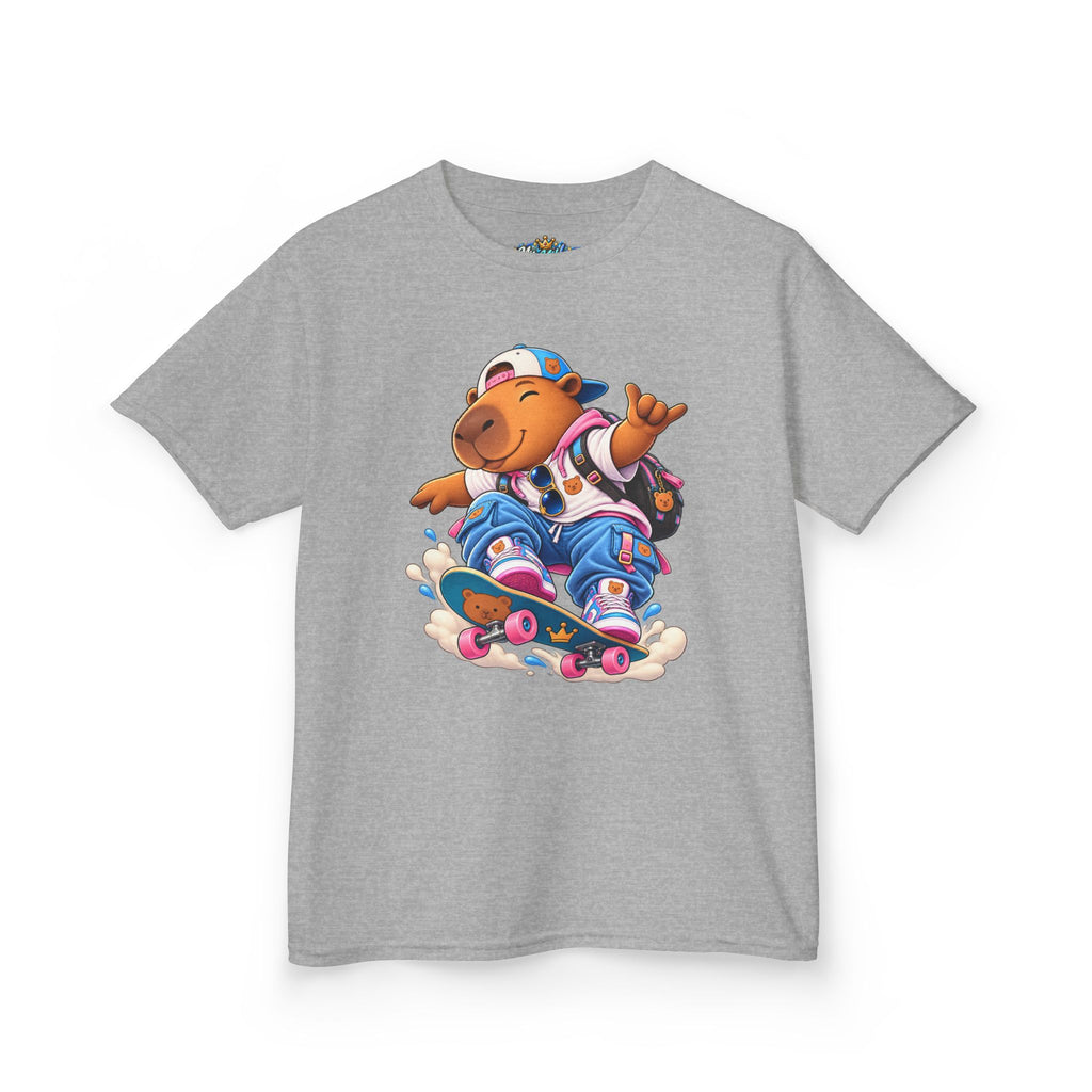 Kids Skateboarding Capybara Tee — Cute Skateboarder Graphic T-Shirt for Boys & Girls