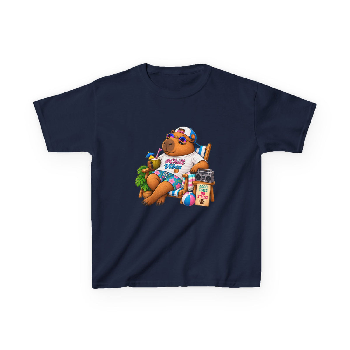 Kids Beach Chill Vibes Capybara Graphic Tee — Relaxing Vacation Cartoon Kid Shirt
