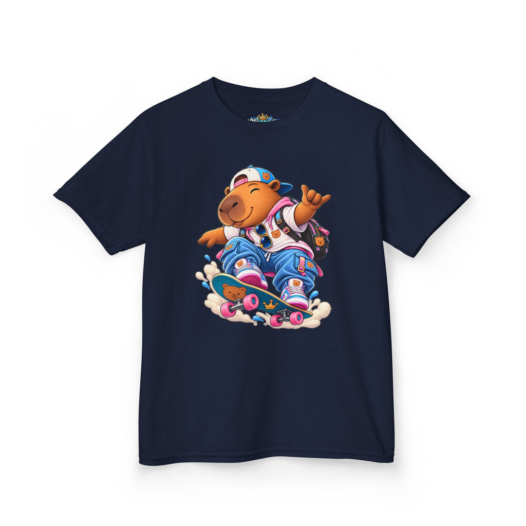 Kids Skateboarding Capybara Tee — Cute Skateboarder Graphic T-Shirt for Boys & Girls