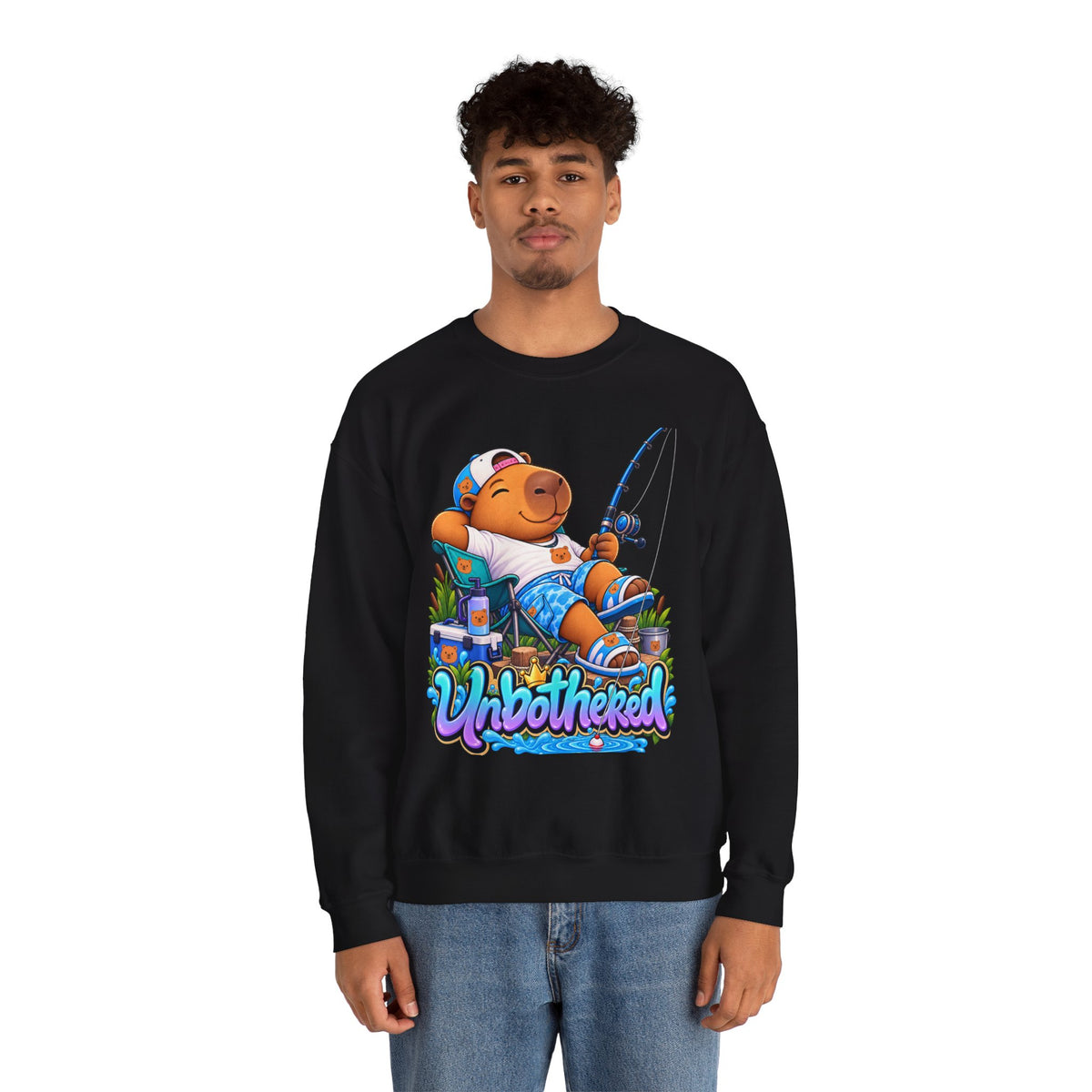 Unbothered Fishing Capybara Crewneck Sweatshirt